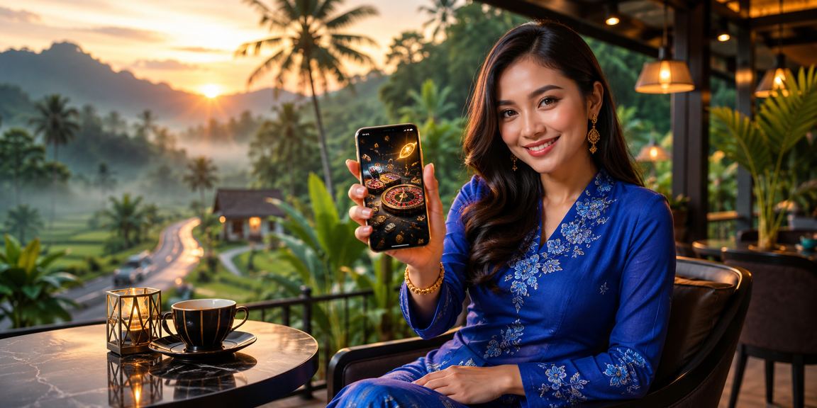 Woman in baju kurung playing mobile casino in Malaysia on a smartphone